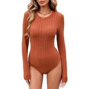 Your Style Rust Orange Ribbed Long Sleeves Bodysuit Large